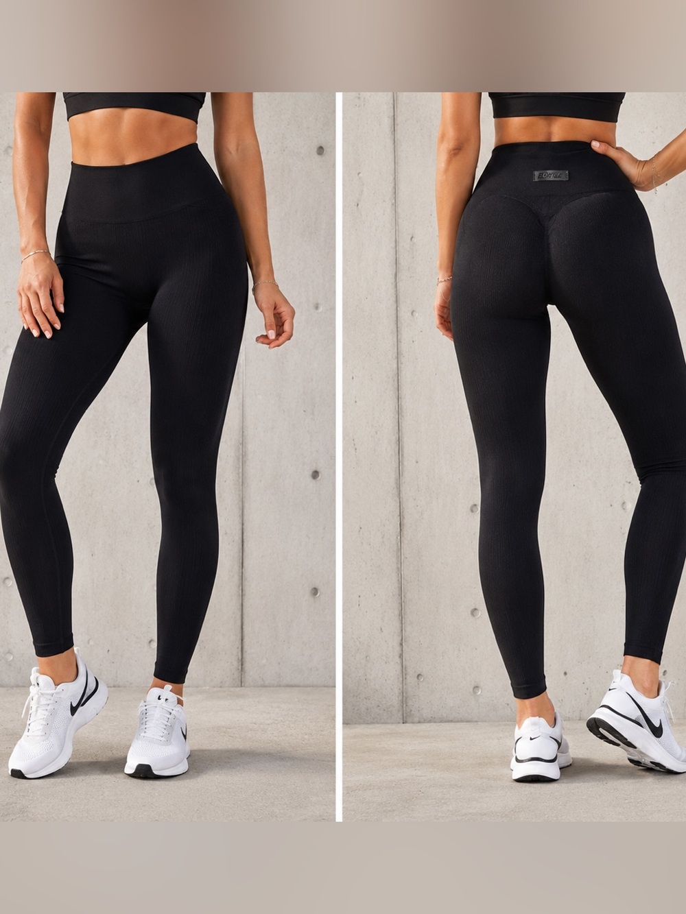Bo+Tee Black Ribbed Compression Sculpting Butt Enhancing Black Athletic Leggings